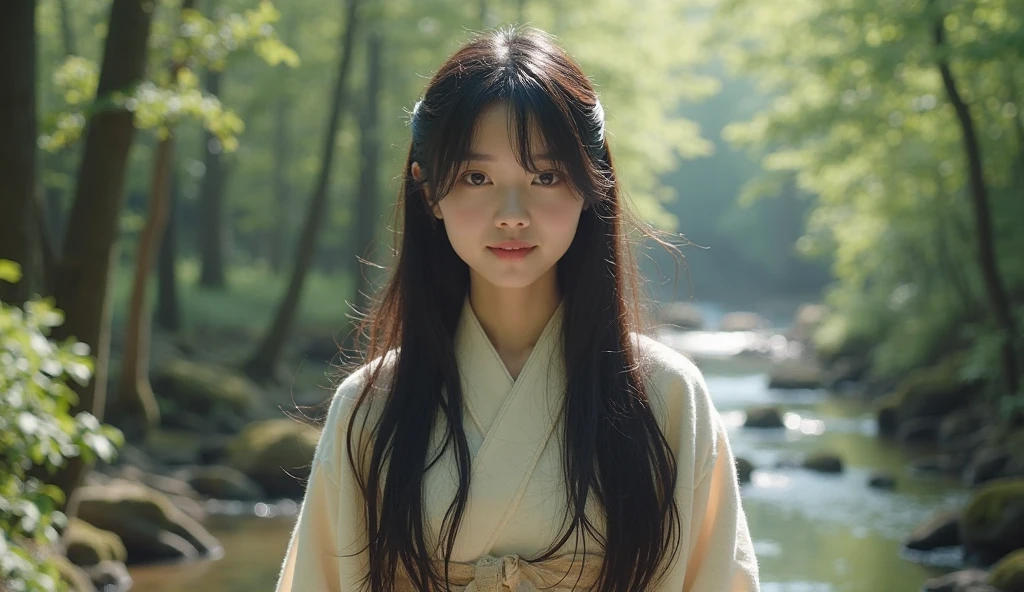 A REAL Oriental Japanese girl with 18 years old with lush beyond floor length black hair and see her "whole" thin body wearing thick lambswool traditional Wafuku standing nearby hot springs inside the forest, must see her whole body. The scenario of forest shows spring view. This graph MUST see girl's "whole thin body", including  expression like smile, black eye, nose, hands, legs, wearing thick lambswool traditional Wafuku, chest, buttock, with beyond floor length black hair, legs and shoes and whole thin bodies. REAL girl must has "thin body, legs, foot, "LUSH BEYOND FLOOR length hair and face with humanity smile and body" with streamline. Show her front side with happy smile and lush beyond floor length black hair.