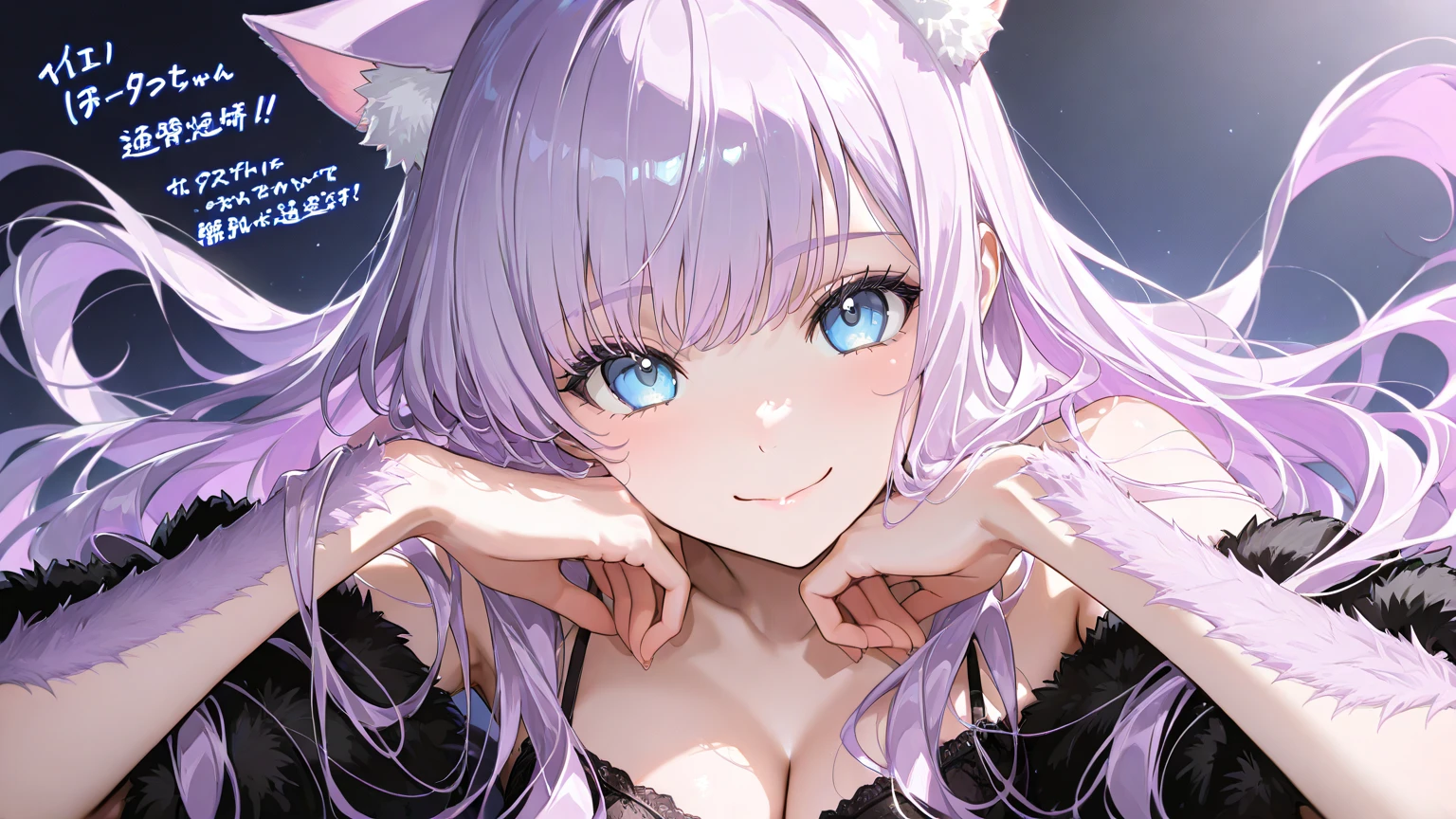 1girl, Blue eyes, Long Hair, Bangs, Purple Hair, Breasts, Smile, Blush, Light Smile, cat ears, purple cat tail