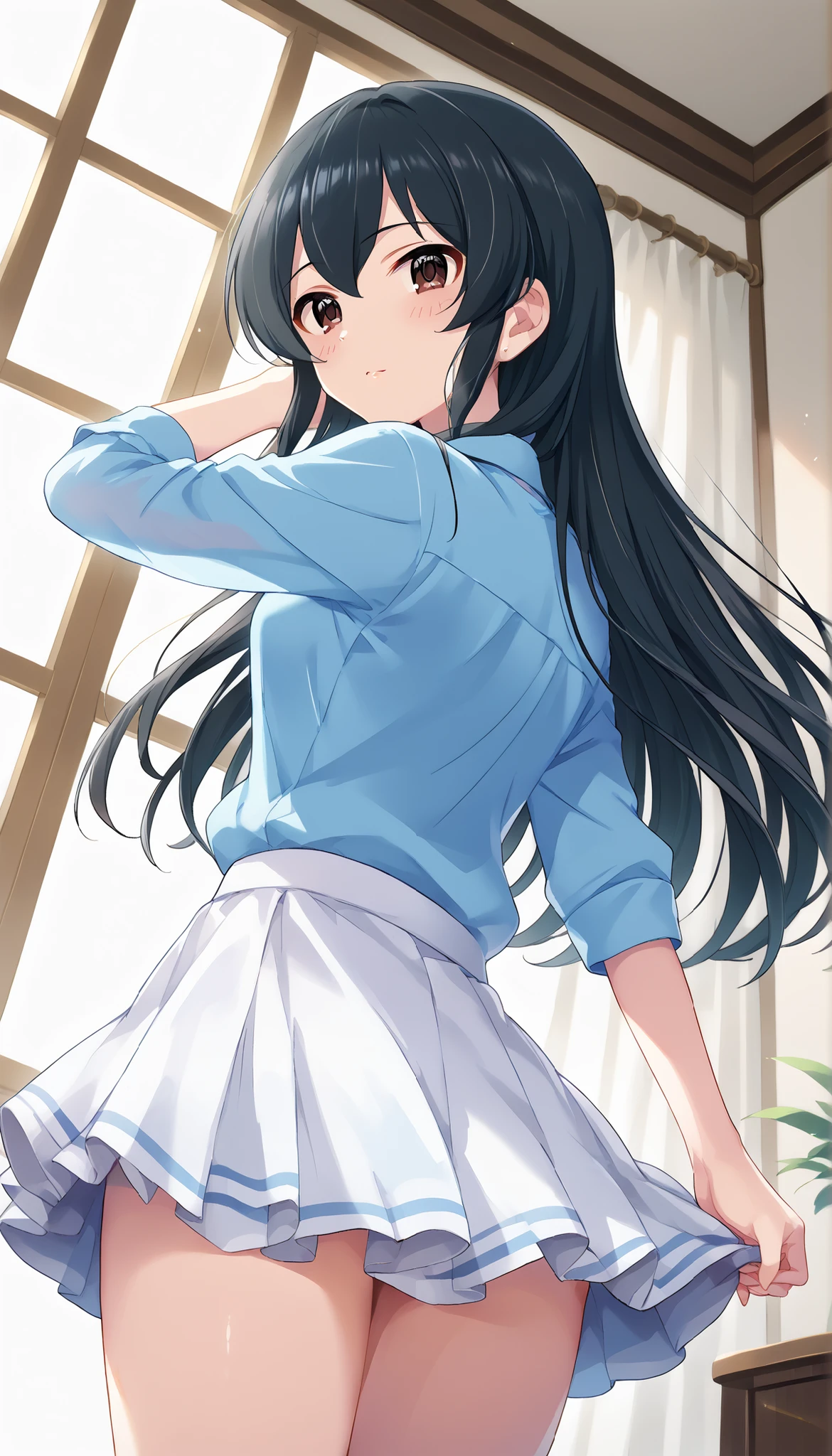 Best Quality, masutepiece, Portrait, , 1girl in, Kotegawa Yui, Black hair, Long hair, Long bangs, Brown eyes, medium udder, ((bedroom)), Looking at Viewer, Smile,Photo from below、((Race Queen))、((pantyhose))、((a miniskirt))、