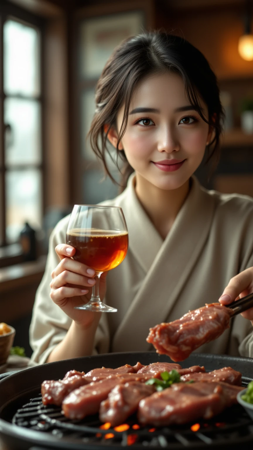 Una mujer japonesa,2 young girls, 20 years old , izakaya , cerveza , ..3D, 8k, Renderizado de octanaje, Lente gran angular, High detail, foco nítido,