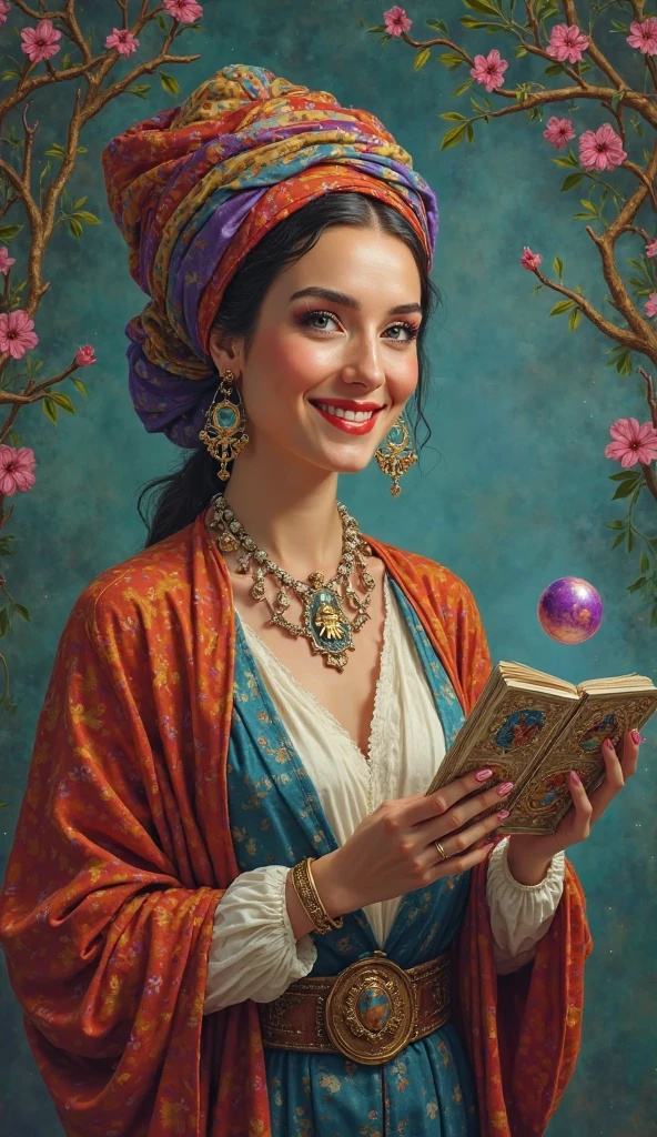 Une femme de  40 ans à l'apparence mystique et joueuse, vêtue de vêtements ésotériques et d'un turban coloré. Il a un style moderne, mais avec une touche de diseuse de bonne aventure traditionnelle. Son visage est expressif et amical, avec un sourire énigmatique . Elle tient une boule de cristal dans une main et des cartes de tarot dans l'autre, tout en faisant une prédiction amusante et mystérieuse.
L'environnement de fond est rempli de bougies, cristaux et éléments mystiques, créant une atmosphère de magie et d'humour. L'image doit avoir une palette de couleurs vibrantes et un style artistique mixte entre réalisme et illustration, avec une touche d'humour et de légèreté