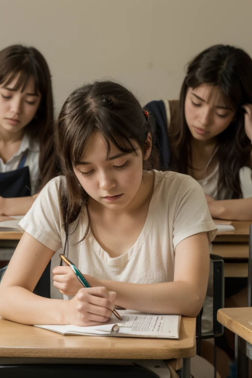 A girl writing in the examination room.With few students.