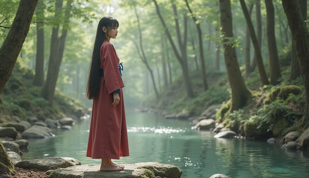 A REAL Oriental Japanese girl with 18 years old with lush beyond floor length black hair and see her "whole" thin body wearing thick lambswool traditional Wafuku standing nearby hot springs inside the forest, must see her whole body. The scenario of forest shows spring view. This graph MUST see girl's "whole thin body", including facial expression like smile, black eye, nose, hands, legs, wearing thick lambswool traditional Wafuku, chest, buttock, with beyond floor length black hair, legs and shoes and whole thin bodies. REAL girl must has "thin body, legs, foot, "LUSH BEYOND FLOOR length hair and face with humanity smile and body" with streamline. Show her front side with happy smile and lush beyond floor length black hair.