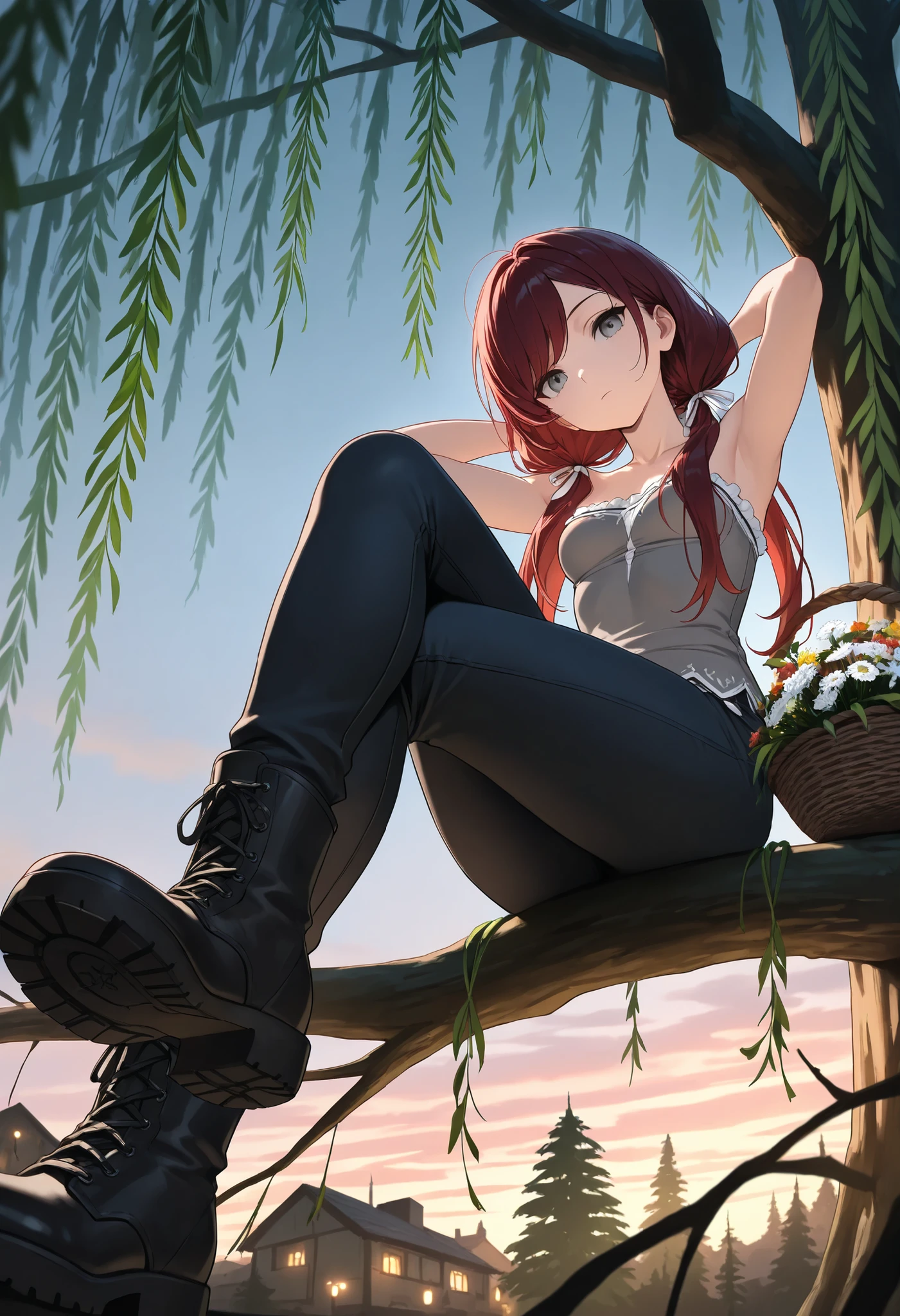 (masterpiece, best quality), solo, intricate details, JK, 1 expressionless girl, head tilt, from below, sitting atop tree branch, close up, beautiful face, one hand behind neck, Gray eyes, Dark red hair, long swept bangs, long hair in low twin tails, hair ribbons, strapless sleeveless shirt, gray shirt, shirt with white trim, white frill trim, black jeans, legs crossed, black combat boots, basket, tying colorful flowers together, looking down at bouquet of flowers , small breasts, slightly toned arms, close up, portrait, dusk, willow tree branches, swamp, town, lights,