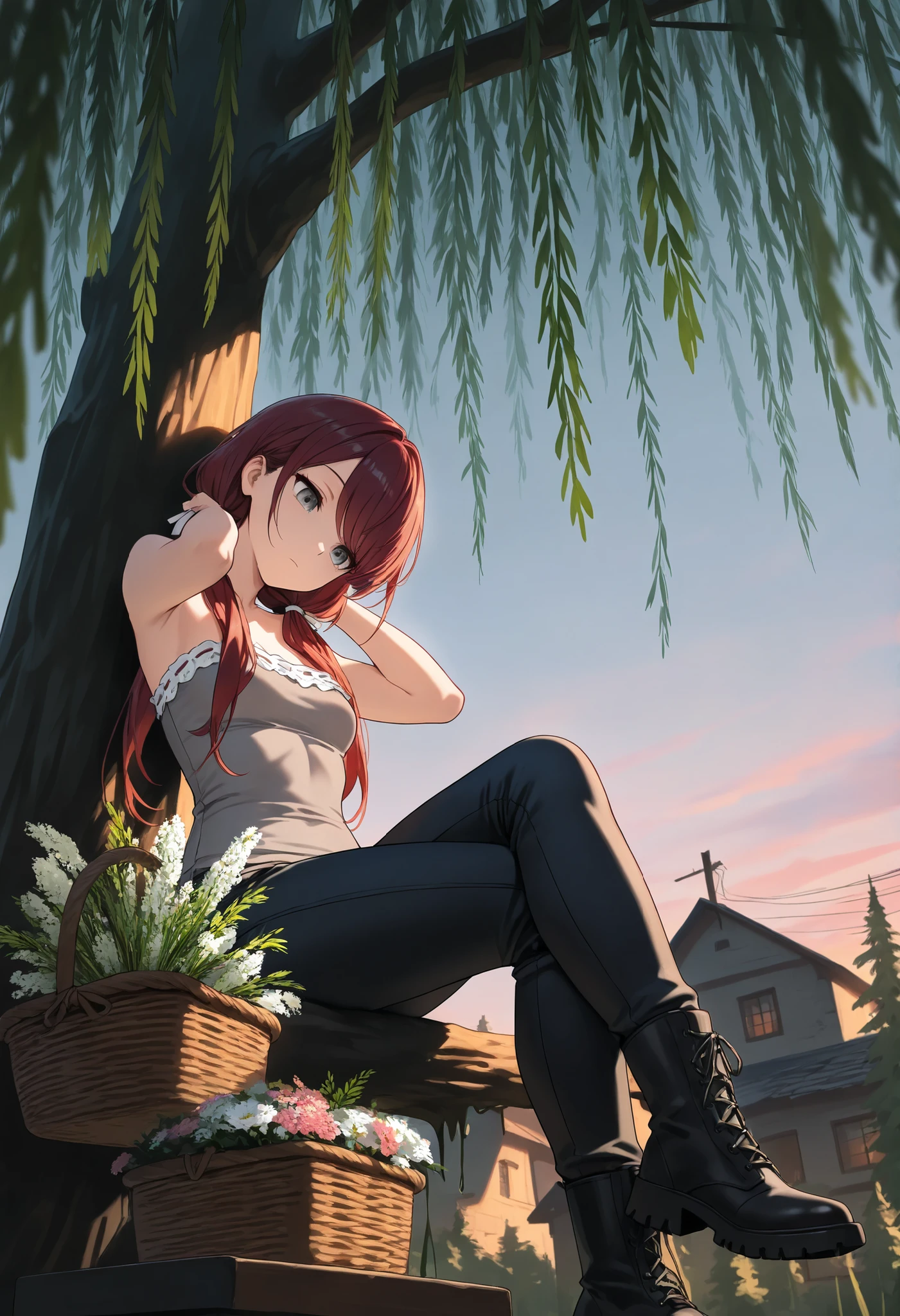 (masterpiece, best quality), solo, intricate details, JK, 1 expressionless girl, head tilt, from below, sitting atop tree branch, close up, beautiful face, one hand behind neck, Gray eyes, Dark red hair, long swept bangs, long hair in low twin tails, hair ribbons, strapless sleeveless shirt, gray shirt, shirt with white trim, white frill trim, black jeans, legs crossed, black combat boots, basket, tying colorful flowers together, looking down at bouquet of flowers , small breasts, slightly toned arms, close up, portrait, dusk, willow tree branches, swamp, town, lights,