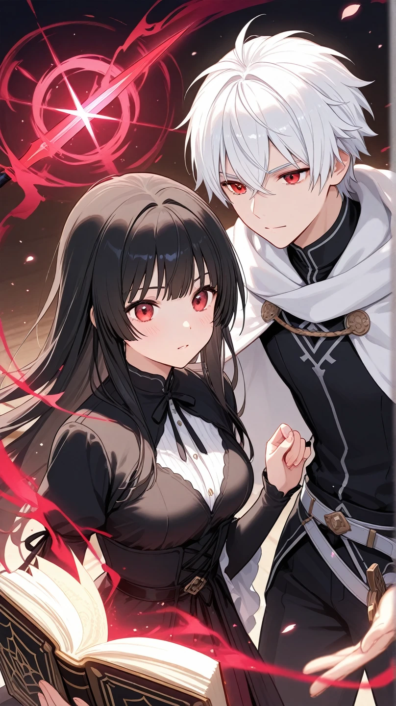 1man, sharp blue eyes with sharp pupils, white sharp hair and he was wearing black robes and, intimate hug with his red-eyed wife((41 year old face))