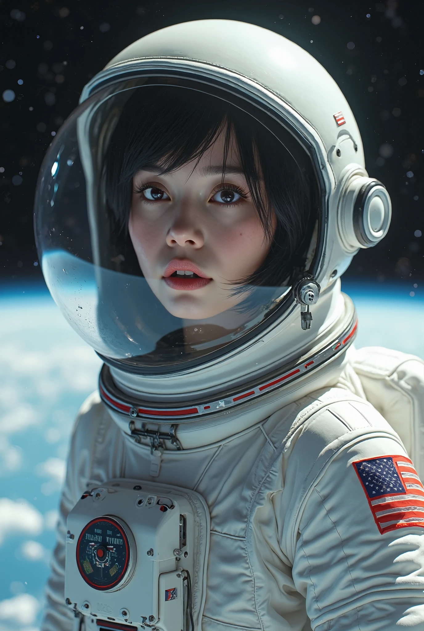 
a female cosmonaut taking in very short hair beautiful space. She has a white spacesuit, and white gloves, and her head is inside a transparent helmet, masterpiece, best quality, highly detailed face, perfect lighting,