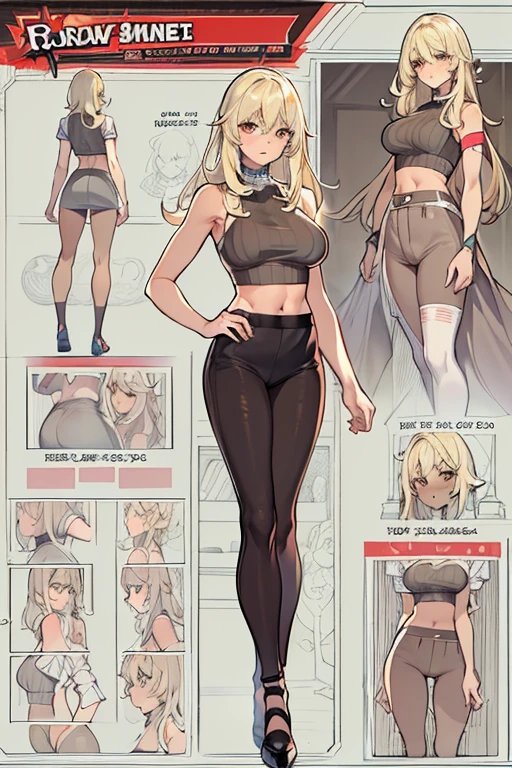 Young woman, ((perfect and detailed face)) (blond hair slightly wavy at the ends), blue eyes, seductive look, (wearing a white croppet and beige sweatpants), belly showing, defined belly, medium breasts, thin waist, body perfect, thick thighs, standing dynamic pose, full view, masterpiece, best quality, ((rich in details, 8k resolution)), ((full body)), (perfect hands)