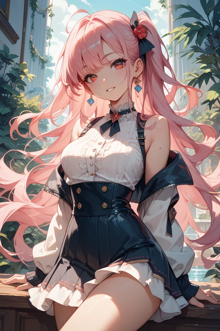 Realistic and detailed image of an elf. with a bow top and denim minishorts. stockings to mid-thigh. Unusually shiny long silky light pink hair styled in pigtails. bright turquoise eyes. She has earrings and long eyelashes. Large breasts, small waist, very wide hips and thick thighs. Back arched. walking sensually. Autumn. falling leaves. windy day. City with trees. Volumetric light. Ambient light.
