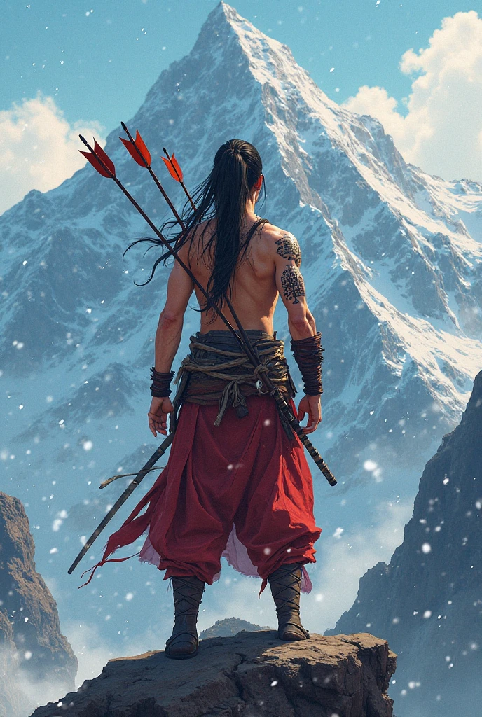 Make a realistic cartoon 
Samurai is standing on his back looking back,  her look is that she does not give up, long hair clutched with a tail
6 arrows stuck in the back( representing the treachery)
He's standing on top of a mountain
The King and Tribales chess chip is tattooed on his arm