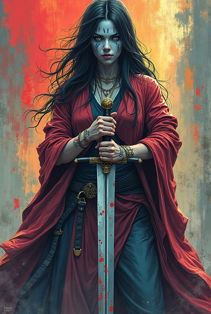 female character comic style drawing, light gray-blue skin with marks on face, full body view standing with sword
