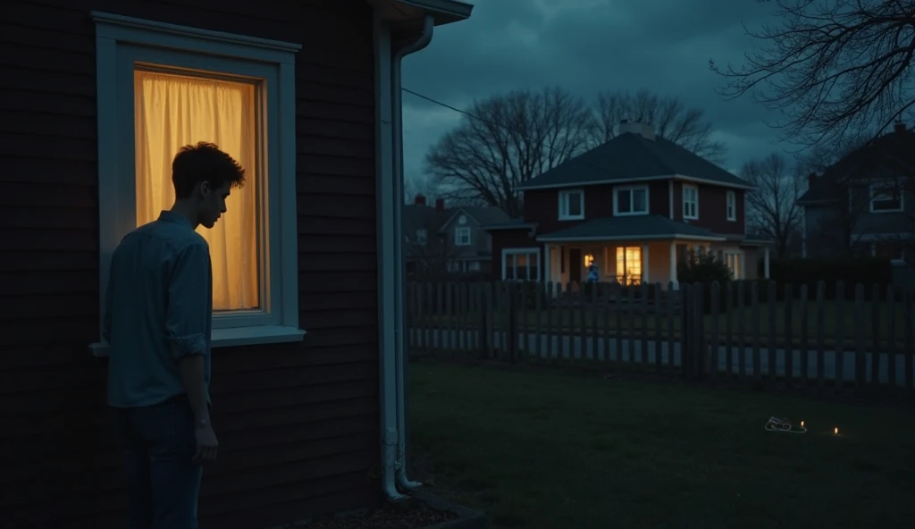 The next evening, the child reappears behind the same post, watching the house with the same intense gaze.
