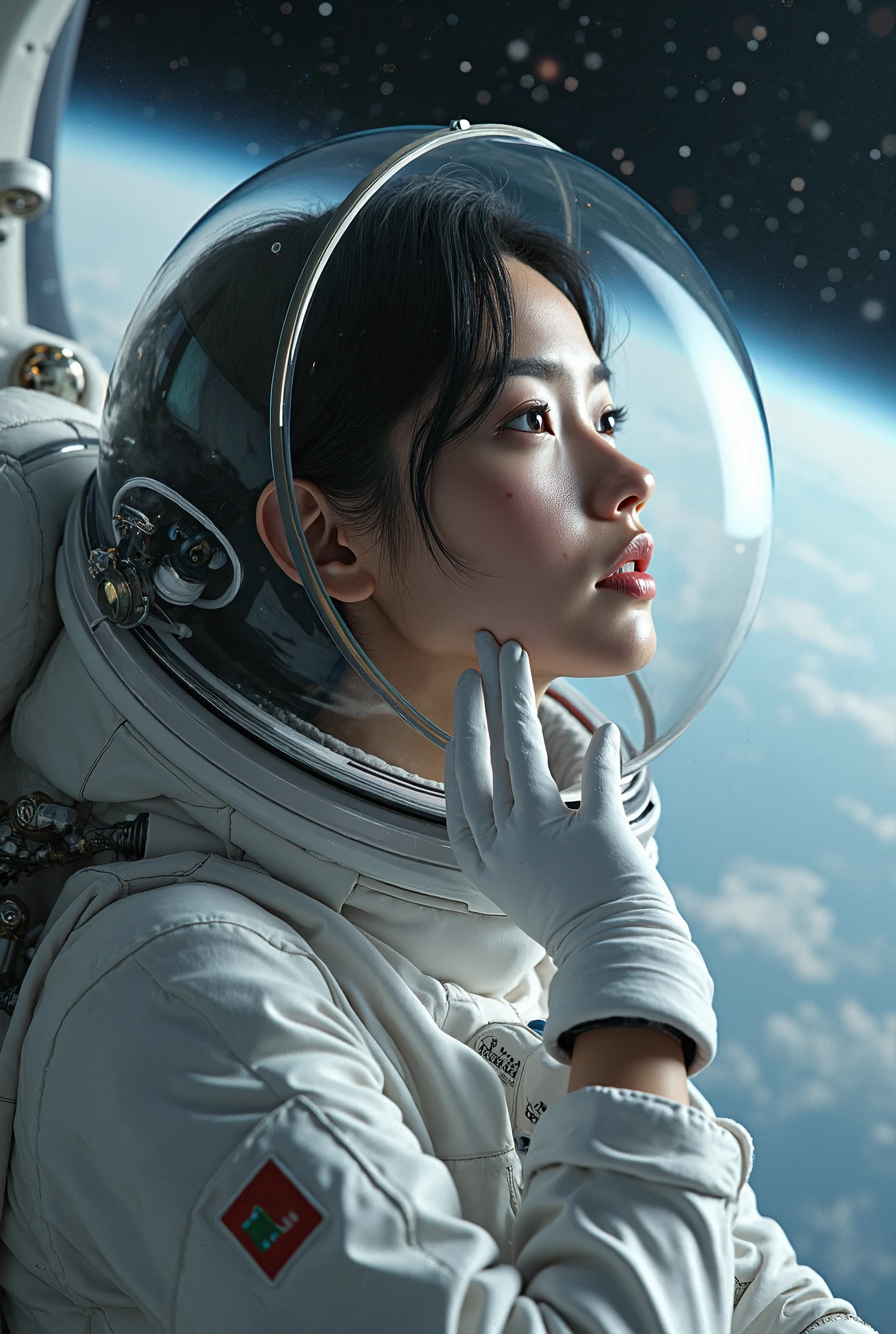 
a female cosmonaut taking in very short hair beautiful space. She has a white spacesuit, and white gloves, and her head is inside a transparent helmet, masterpiece, best quality, highly detailed face, perfect lighting,