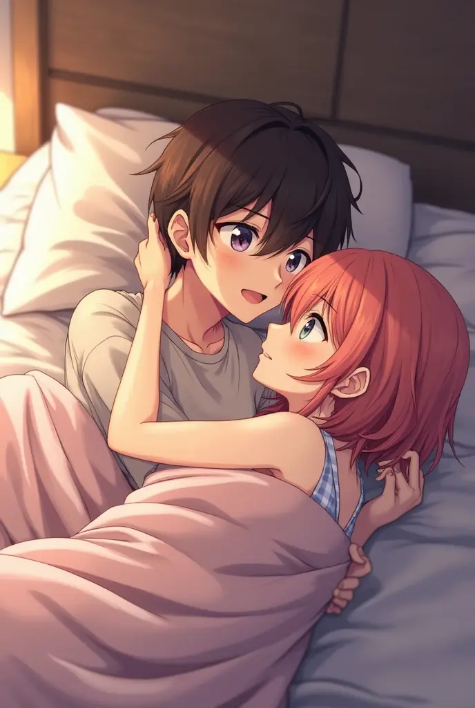 An anime boy having unprotected sex in bed with a girl