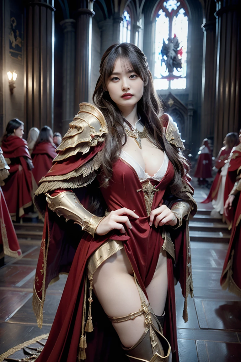 (masutepiece), Professional , masterpiece、top-quality、photos realistic , depth of fields (Gemstone Silver Metal Body:1.9),Background inside the castle、(Matte Red、Jewel Gold Weapon(Jewel Metal Body:1.4),Young 20 year old girl、(Gorgeous metal weapons) , With the Sword of the Brave, Beautiful knife ,warhammer 40k , adepta sororitas,(Brown hair),Detail and ornate jewel crown、Golden hair、Gangle's forest background、Beautiful Caucasian beauty、1a person、dynamic ungle,(((Detailed and ornate diamond crown)))、Smaller head、A smile、Powerful poses、Background inside the castle、Thin and beautiful female hands、Old ancient ruins、A smile、cleavage of the breast、(Light effects from weapons)、