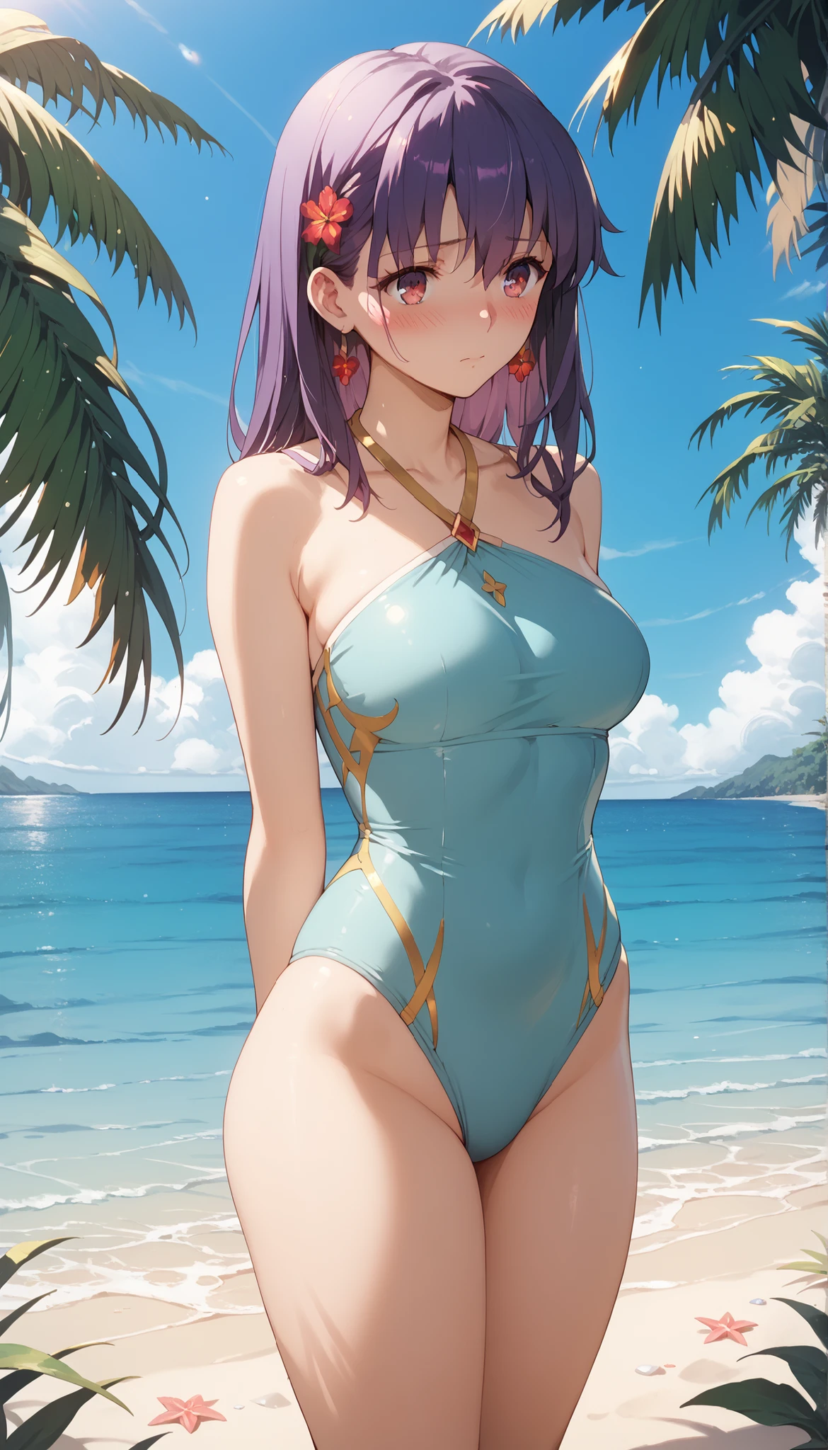 masterpiece, 4K, best quality, FELute, necklace, purple dress, blue cape, bracers, cowboy shot, looking at viewer, smirk, hand up, swimsuit, purple bikini