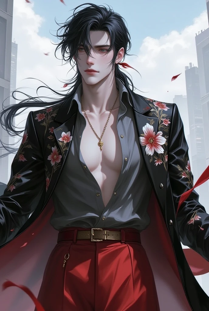 (8k,shipmentsrrealista shipments Maximum quality;1.4) (1 young boy) Super handsome king of the underworld (lifelike face) (long black hair with red tips, bright black and red floral hair) slenderbody Muscular and hairy and macho Bright red and black floral aristocratic costume with large red eyes bright red and black floral decoration Fangs peeking out of the mouth Pointed claws a seductive gaze Beautiful expression A hyper-realistic (King of the Underworld) appealing (real looking skin) super high resolution high détail Luxury Red and Black Floral Trousers red and black aura emanating from the body effect without cover