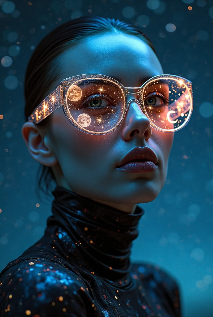 The model wears glass sunglasses with stars and the moon in the glass