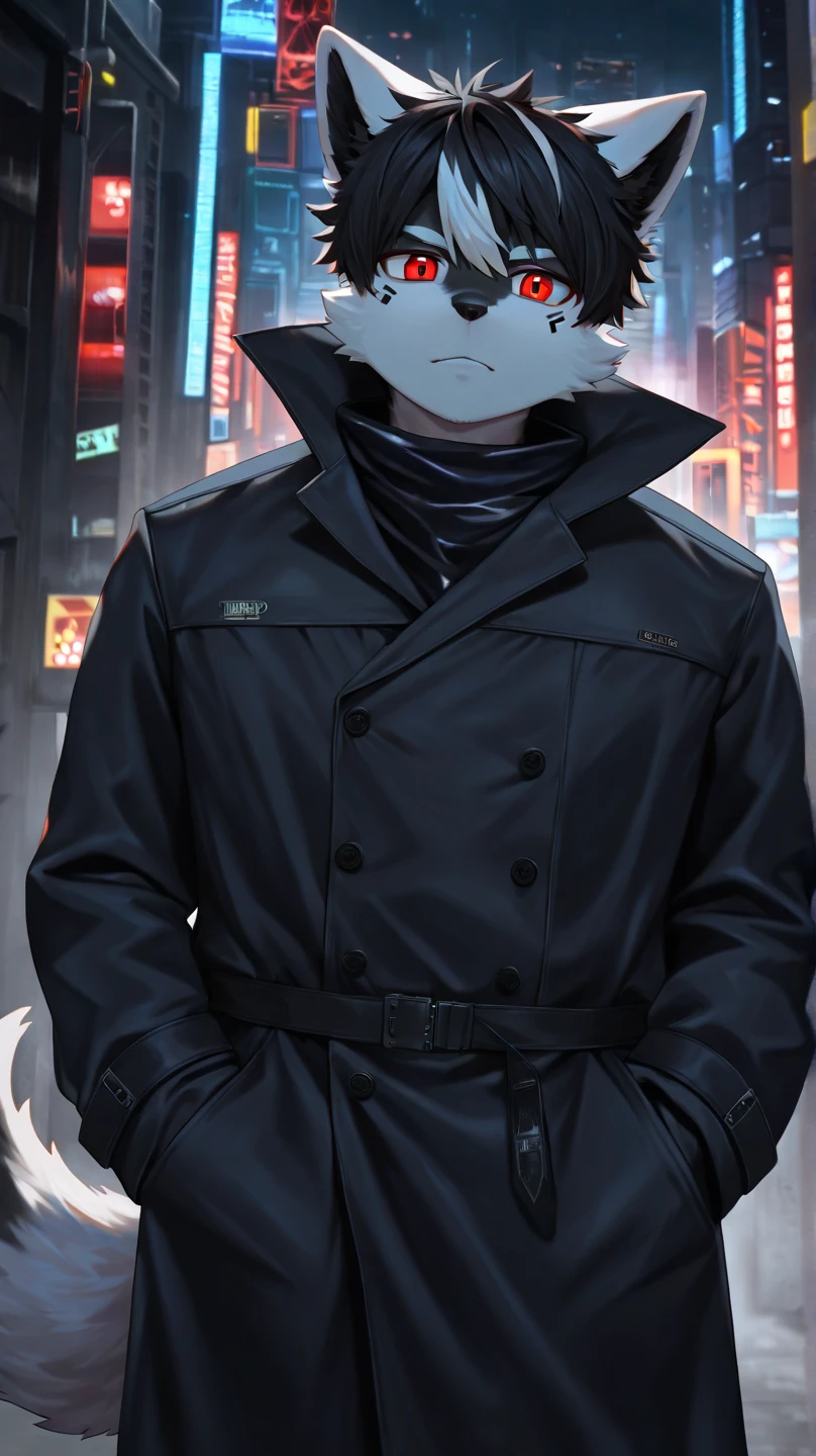 Create a character using a tenkuu shinpan mask that covers their face, a black hat and a black suit. he has his hands in his pocket, while walking down a dark street lit by bar lights