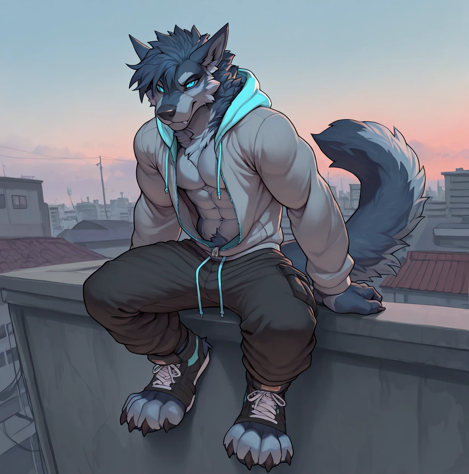 Chinese dragon boy,Gray fur,Topless, mammal, hairy,Gray Eyes,upscale hotel,Blue and black gradient swimming trunks quality,black fingerless gloves,goggles