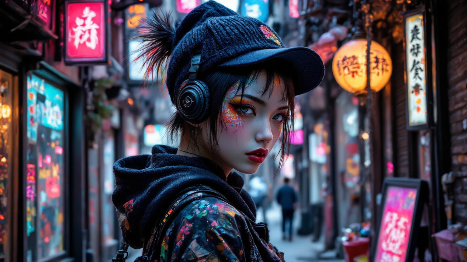 Beautiful single girl,Hip-hopスタイル, danceしている, illustrations, girl, street fashion,  dance style,  dance, cute, ブレイク dance, street, High detail, dark expression, Pale face, high resolution,  flashy makeup, hard touch illustrations, Strong Outline, profile, colorful clothes, street style, knitted hat , hoodie,  pants, 8k, neon, Cool Beauty, ,薄暗い中に怪しいneonサイン、 Listening to the Rainbow, Rainbow Color , Hard illustrations, upper body, NO Backwards, thigh,around Debesonowawa {x}、street style、Middle hairstyle OR short hair、woman wearing headphones。Female Solo、 Silver Hair、Mr.々 Poses 、full body image、２women in hair