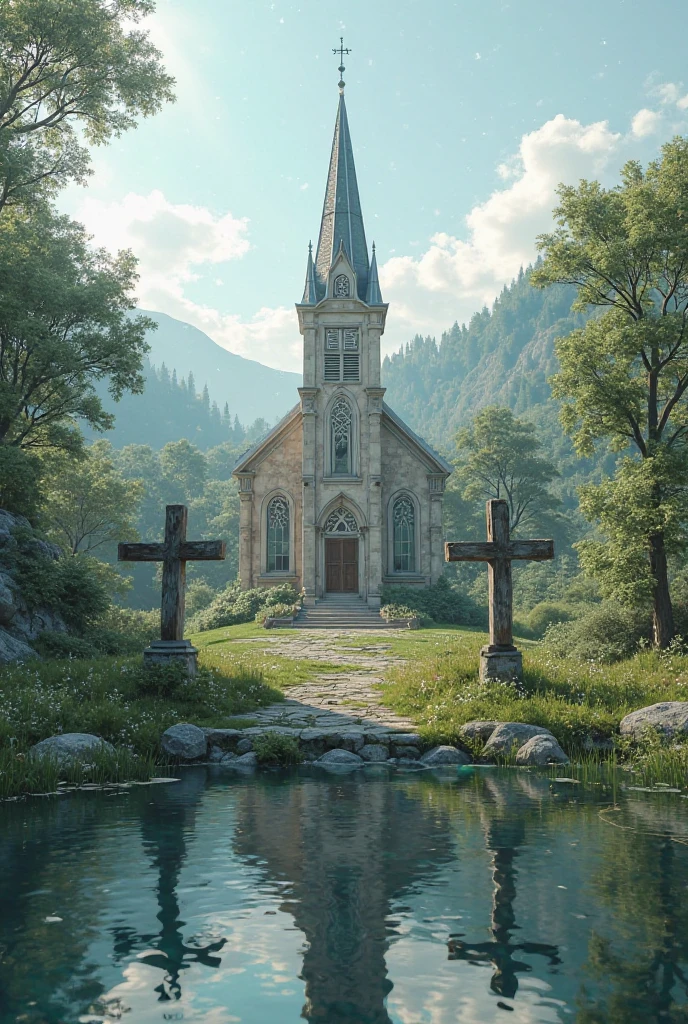 Church by a pond beside 3 crosses