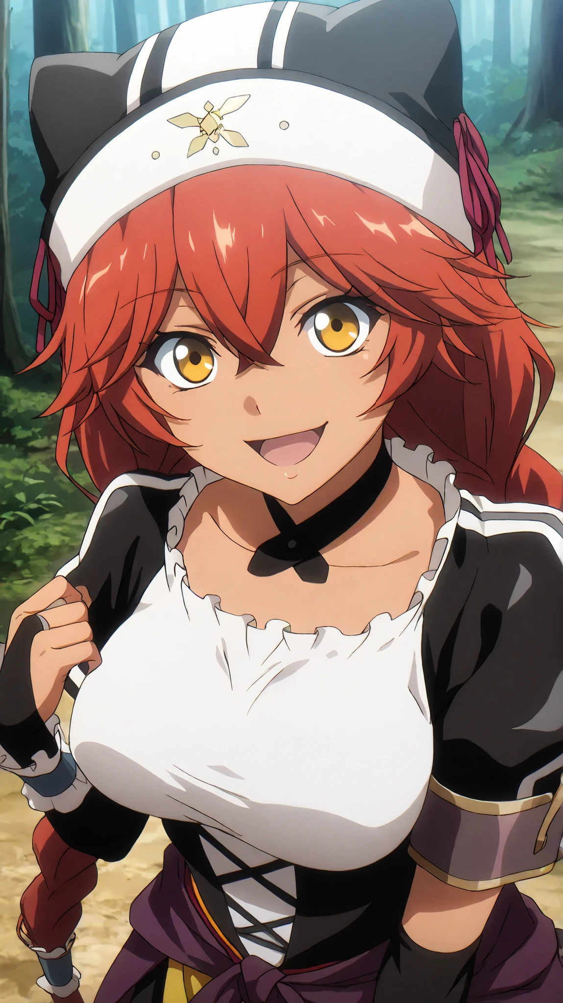 Lupusregina_Beta,
High quality , best quality , masterpiece, High Resolution , detailed face( LoRA: Lupusregina),anatomically correct, detailed hair Style( LoRA: Lupusregina),anime Coloring,screencap
solo, 1 girl,adult
red hair, twin braids, long hair, hair tubes, yellow eyes, hair between eyes, dark skin, dark-skinned female
Black maid uniform, underbust, hair tubes, black animal hat, black choker, white shirt, taut shirt, black corset, puffy short sleeves, elbow gloves, black bridal gauntlets, wrist cuffs, clothes around waist, yellow apron, black skirt, fur trim skirt, long skirt, large breast,
looking at viewer , close-up,from above,upper body,
, Forest
, smile, open mouth,
