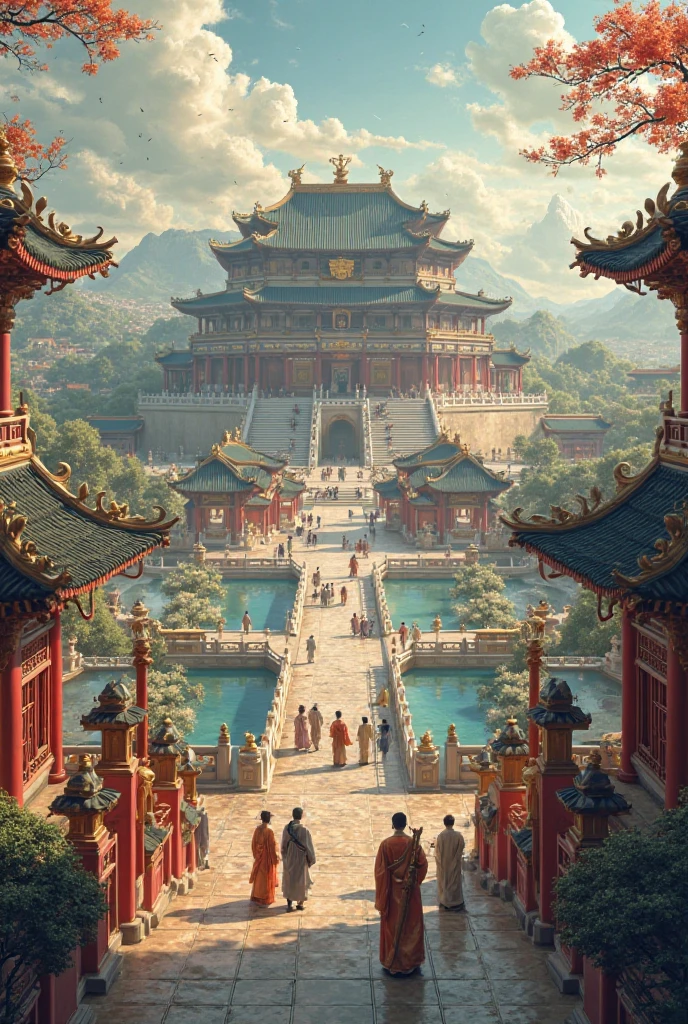 I want to create a video with an ancient chinese royal palace scene, scene in turn from left to right, from right to left,  from bottom to top, There is no river.