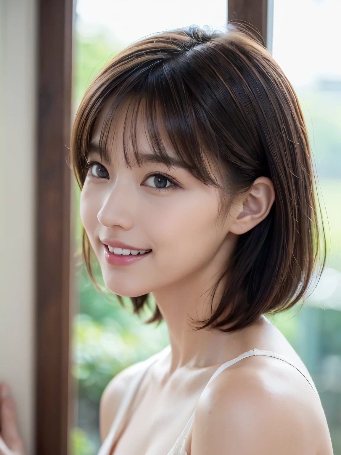 The best quality at its best, Realistically, Super detailed, More about pubic hair, High resolution, Plain background，8k wallpaper, One beautiful woman,,Light brown short hair, Wear a dark suit, Lock Focus, Perfect dynamic composition, Beautiful Eyes, Delicate hair, 细致Realistically的皮肤纹理, smile, Close-up portrait, Model Body Type