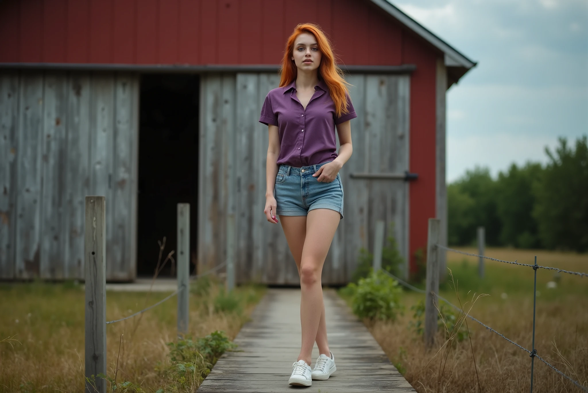 ((full body)), ((best quality)), ((masterpiece)), (detailed), (realistic), young woman, red hair, green eyes, beautiful face, freckles, smiling, casual clothes, denim jacket, white dress, boots, (fashionista:1.2), (autumn:1.3), park, trees, leaves, bench, (romantic:1.2), (oil painting:1.2), (Leonid Afremov:1.1), (impressionist:1.2), warm colors, soft brushstrokes, 8k resolution
