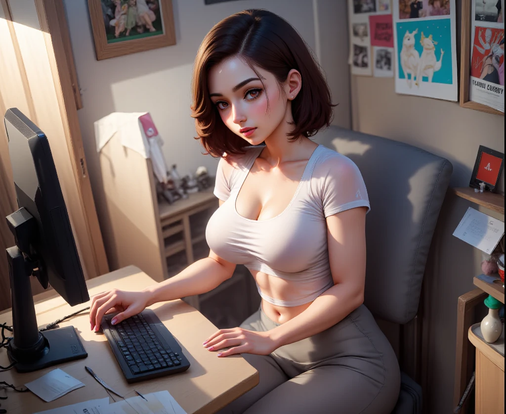 there is a woman sitting in a chair with a laptop, sentou-se em sua mesa, sexy look at the camera, sentado em um computador, pose atraente, Pose sexy, pose muito sexy, sentado em uma mesa de computador, sentado em frente ao computador, Garota sexy, sitting at desk, corpo e rosto sexy, na frente de um computador, pele detalhada, olhos detalhados, cabelo detalhado, Bandejamento de raios, Professional lighting,without bra, marca do mamilo sobre o top, detalhado