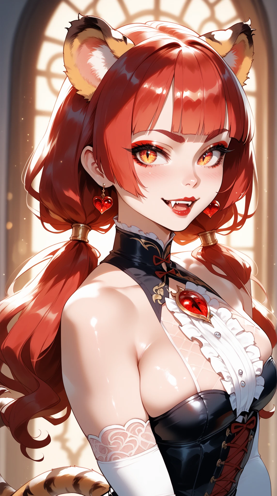 (masterpiece, top quality, very aesthetic, 4k、illustration), intricate detail, 1woman,solo,contrapposto 、(gradient eyes、tareme)、Strong glowing eyes、parted bangs,Fair skin,(upper body)、Cool women、Cleavage、 smile、(red lipstick),beautiful face、(gradient hair)、(dark red hair)、(drill hair),sidelock ,parted bangs,red eyes、halter top Victorian Dress、medium breasts、slender 、