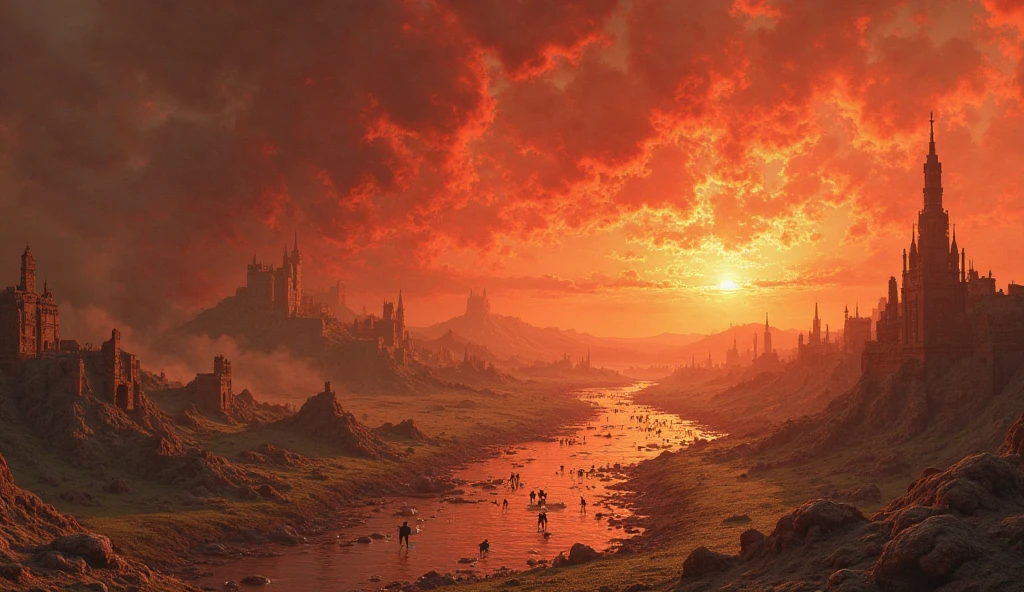 "The great river Euphrates drying up under the heat of divine wrath, exposing ancient ruins and dark secrets. In the distance, armies begin to gather on a dusty plain under a blood-red sky. Demonic spirits shaped like frogs rise from the mouths of deceivers, heading toward Armageddon."