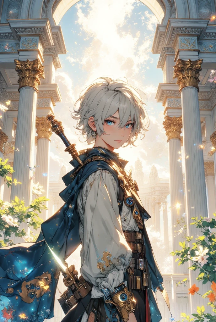 ((elementary boy)), (()), angelic and joyful expression, (white hair), (blue eyes), fluffy white wings, wearing shorts and a flowing tunic, seen at a diagonal angle, turning his head back with a bright smile, hair flowing from motion, feet slightly hovering to suggest flight, soft airy lighting, pastel color palette, set in a majestic sky temple, with marble columns and arches in the background, vast sky behind, subtle glowing particles in the air, anime-style, high detail, dynamic composition, (beautiful face line, side face), focus angle to boy