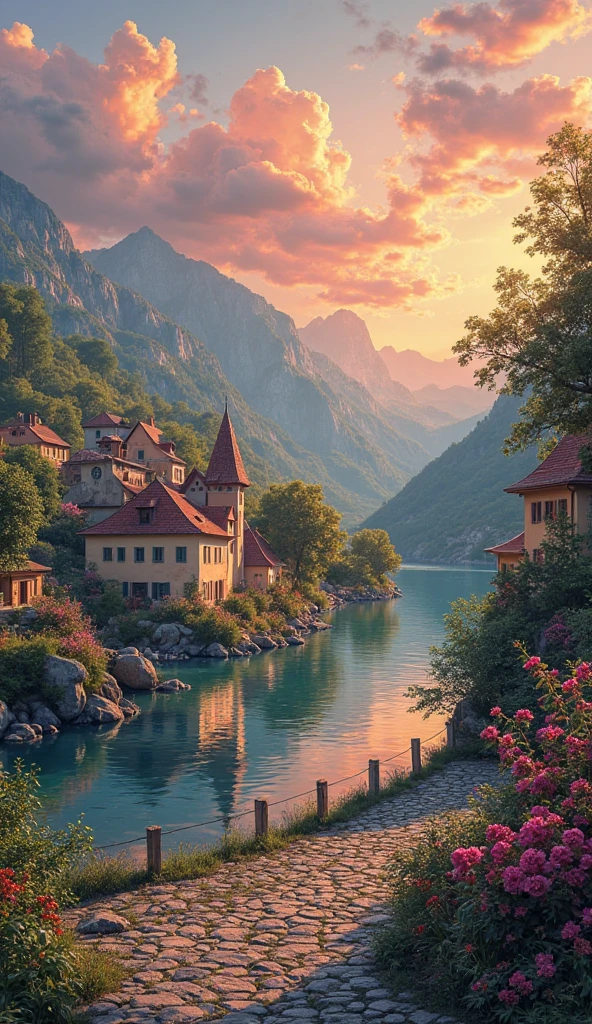a small village by the river, mountains in the background, floral flowers colorful, detailed landscape, Beautiful natural landscapes, atmospheric lighting, scorching sunset, warm colours, practical, photopractical, Detailed Foliage, complex buildings, cobblestone street, Charming country house, swirly vibrant colors, lush vegetation, Still water reflections, Picturesque, idyllic, work of art, best qualityer, 8k, extremely detaild,anime styling