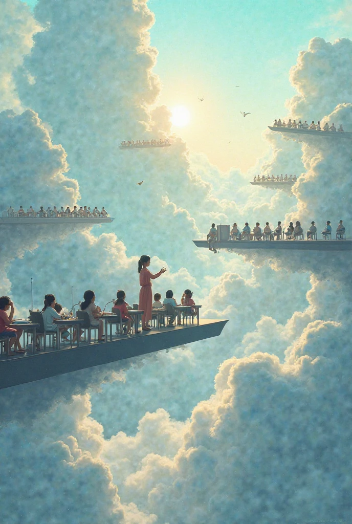 . A school flies in the sky, classrooms are suspended between clouds, students sit on plane seats, and the teacher explains the lesson in the air.
