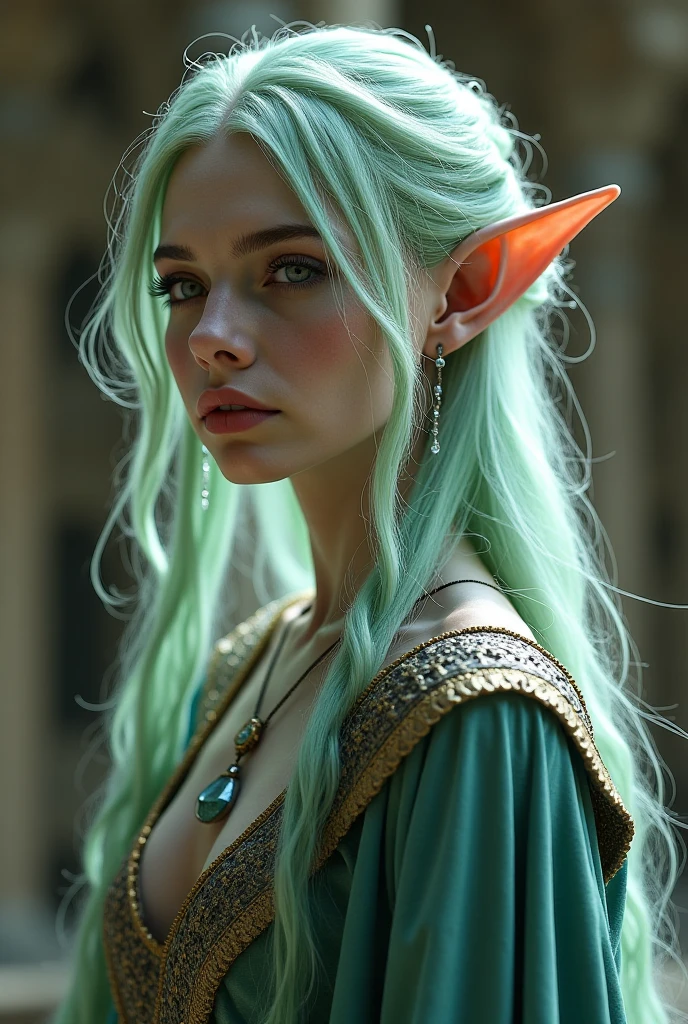 Upper body shot, a grey-skinned European woman, pointed elf ears, grey skin, pastel-green hair, closed mouth, ancient elven noble attire, elven jewelry, dynamic pose, complex fantasy character, , cinematic lighting, fantasy, magic, detailed background, in an ancient elven palace, best quality, HDR, 8k, photorealistic, RAW photo, highly detailed