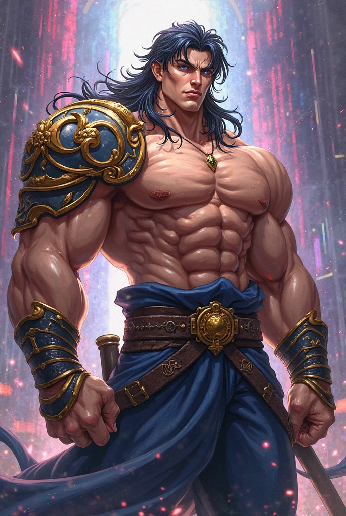 Ripped hero, shirtless upper body, legs revealed from thighs to feet, cascading long curls, intricate muscular details, photorealistic artwork, 4K resolution. Background: Mystic ancient ruins with glowing symbols,32k uhd, best quality, masterpiece, super detail, high details