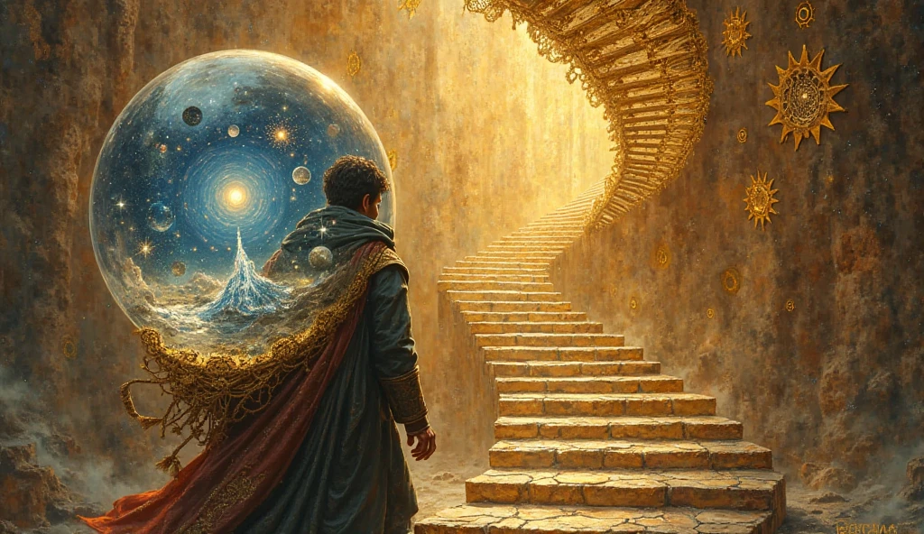 Marcus carries a  sphere on his back—inside, a miniature galaxy turns slowly. Each planet contains memories, regrets, and teachings. He walks up a golden spiral staircase toward a temple of light. Tarot framing with solar engravings.