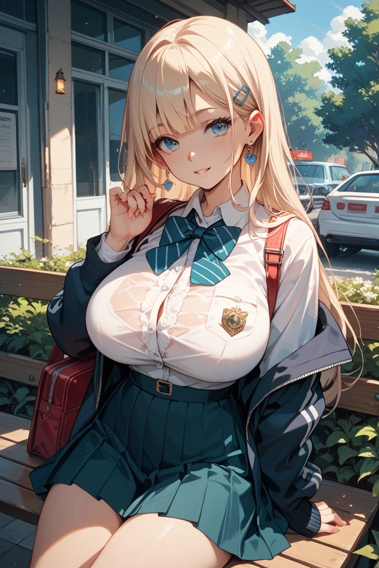 masterpiece,best quality,1girl,asunarnd,school uniform,grin,huge breasts,wide hips,thick thighs,hands in pockets,against railing,bus stop,<lora:bluearchivefull1:0.9>,