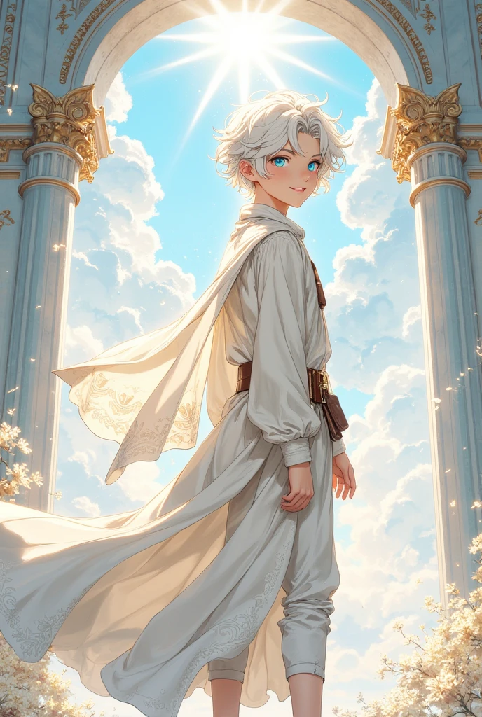 ((elementary boy)), (()), angelic and joyful expression, (white hair), (blue eyes), fluffy white wings, wearing shorts and a flowing tunic, seen  at a diagonal angle, turning his head back with a bright smile, hair flowing from motion, feet slightly hovering to suggest flight, soft airy lighting, pastel color palette, set in a majestic sky temple, with marble columns and arches in the background, vast sky behind, subtle glowing particles in the air, anime-style, high detail, dynamic composition, (beautiful face line, side face), focus angle to boy