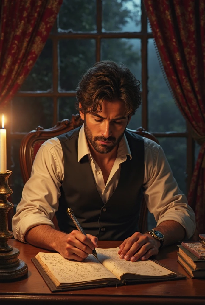 Create a sitting man writing a letter to his beloved. With Renansetist style. 