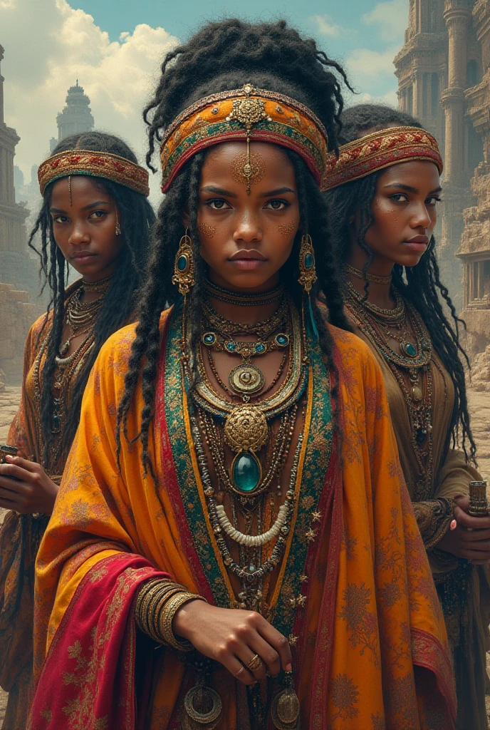 Best quality, masterpiece, super high resolution, super beautiful faces, (smile:0.8), (realism:1.5), original photo, bare shoulders, four women named Ayira Makama and Zala Makama and Sade Makama and Kioni Makama,four young African royal sisters in a fantasy land dressed in royal beaded jewelry and flowing dresses, African, traditional, traditional African setting, wakanda