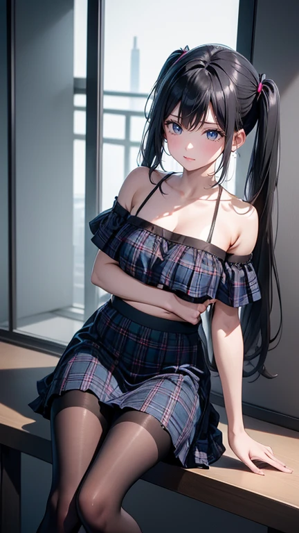 1girl, black hair, twin tails, long hair, blue eyes, tube top, pleated skirt, mini skirt, exposed stomach, small breasts, flat chest, , hands behind back, choker, thigh highs, cat ears, smiling, happy, standing, indoors