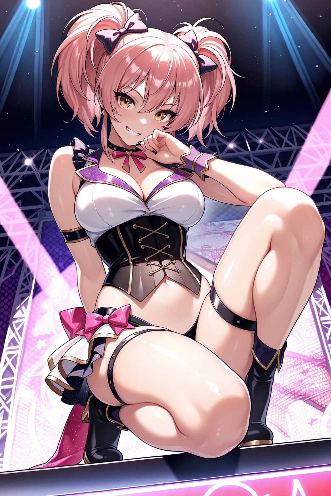 Hair above one eye,Pink Eyes,tights,Removable sleeves,belly button,beret,ribbon,Heart Pendant,Earrings,Open Mouth Smile,(masterpiece,Best image quality,highest quality)