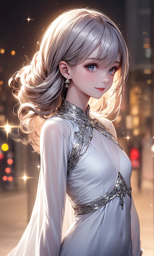 (masterpiece),(4K),High Quality,(small breasts),1 girl、 woman, Long Silver Hair ,pale skin,smile, beautifully detailed grey eyes, ( high-definition and elegant ),( white cape let fashion), magical colors and vibes, detailed skin from sleeve to chest,(Cute sparkle), light particles, The background is softly blurry ,Add a dramatic and iconic element to your scene, description boundary ahead of the large end, Bokeh, Silky to the touch , see-through silk, soft, lightweight garment、beautiful and neat face、The chest silhouette can be seen through、 hyper details,creates a dreamy and elegant atmosphere
