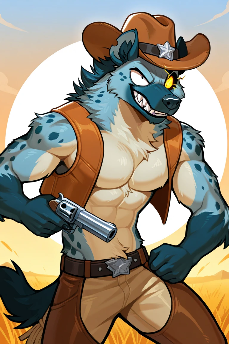 furry, furry art, source furry, (by kihu), solo, young, young face, muscular, pecs, abs, small waist, tall, white arctic wolf, wolf tail, white fur, ponytail white hair, nude, talking, open mouth, blue mouth, big blue eyes, hard nipples, erect blue penis with foreskin, erection, white foreskin, leaking precum, robot, (broken neck:1.2, damaged chest:1.2, damaged belly:1.2), detailed colorful synthetic parts, detailed colorful synthetic components, in a factory, factory interior background, holster, gun, handgun, holding gun, carrying gun, aiming gun, angry, angry expression, looking around, looking away, full body, full body portraits, full body shot