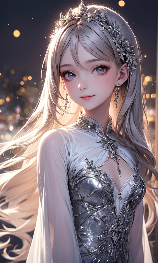 (masterpiece),(4K),High Quality,(small breasts),1 girl, Long Silver Hair ,pale skin,smile, beautifully detailed grey eyes, ( high-definition and elegant ),( white cape let fashion), magical colors and vibes, detailed skin from sleeve to chest,(Cute sparkle), light particles, The background is softly blurry ,Add a dramatic and iconic element to your scene, description boundary ahead of the large end, Bokeh, Silky to the touch , see-through soft costume、beautiful and neat face、 hyper details,creates a dreamy and elegant atmosphere
