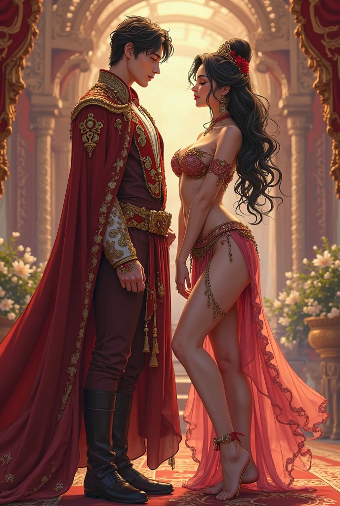 a beautiful hot and sexy Persian princess, fitted red sharara, long wavy black hair, white skin, entire body covered in glistening sweat, sweat dripping from armpits, sweat drops visible on his entire body, large breasts visible, nipples visible, hand on waist, entire body visible, detailed facial features, (best quality,4k,8k,highres,masterpiece:1.2),ultra-detailed,(realistic,photorealistic,photo-realistic:1.37),HDR,UHD,studio lighting,ultra-fine painting,sharp focus,physically-based rendering,extreme detail description,professional,vivid colors,bokeh,portrait
