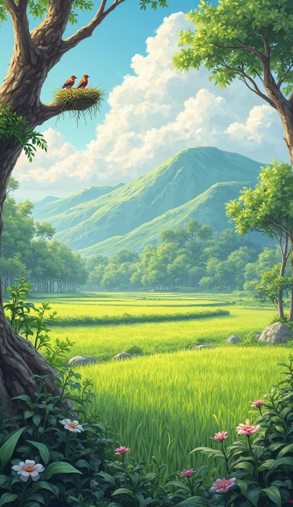 Make me a picture of a very beautiful natural landscape With a pair of beautiful little birds guarding their nests in the branches and a paddy field visible from the top of the trees and a beautiful hill Make it even nicer 
